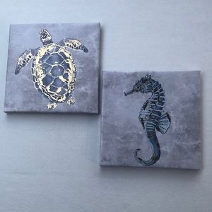 Two 8 x 8 Canvas Prints - Sea Turtle and Seahorse - Blue with gold accents